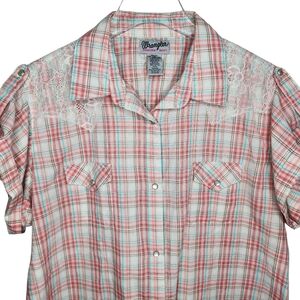 Wrangler Wrancher Women's Plaid Pearl Snap Lace Overlay Western Shirt Size XXL